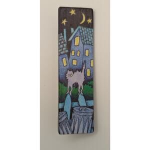 Vintage Signed DVS Alley Cat Moon Night Scene Bar Brooch Pin Whimsical